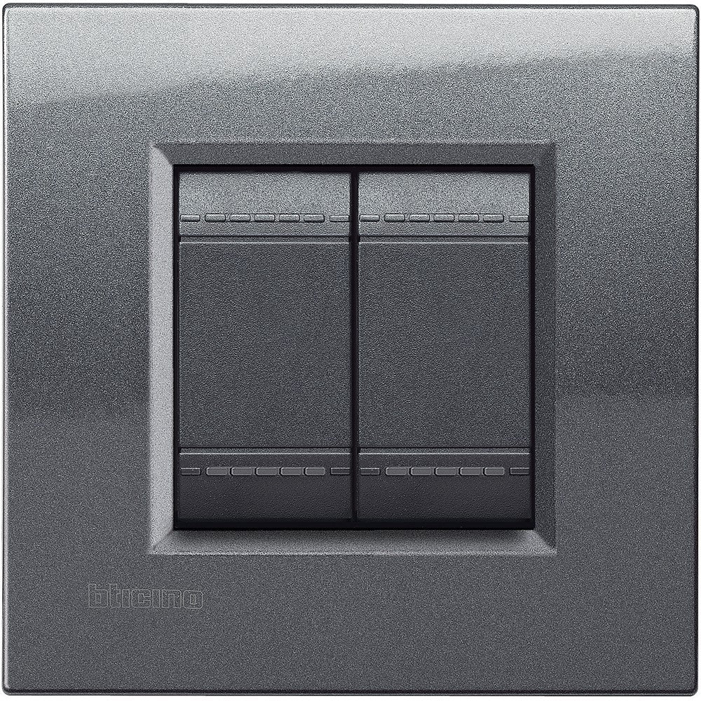 BTicino Living Light 2-module square plate in steel, model LNA4802AC, dimensions 86mm x 88mm, stylish electrical switch.