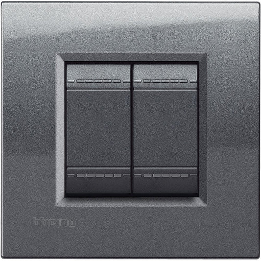 BTicino Living Light 2-module square plate in steel, model LNA4802AC, dimensions 86mm x 88mm, stylish electrical switch.