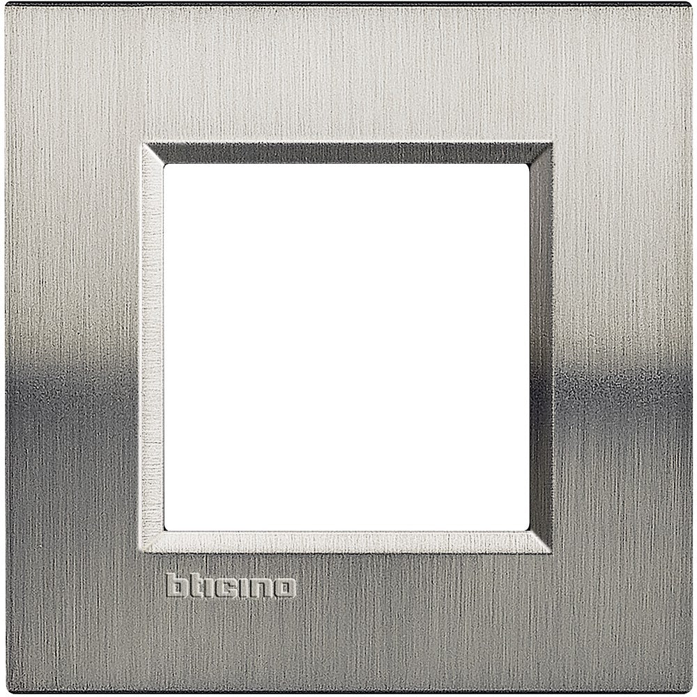 Living Light square plate 2 modules in brushed steel, BTicino brand, dimensions 86mm x 88mm, modern metal design.