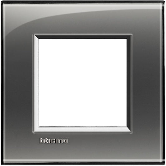 Living Light square switch plate in Fumo di Londra color, 2-module design, BTicino, size 86mm x 88mm.