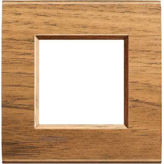 Square double switch plate in solid walnut wood, Living Light LNA4802LNC, elegant and natural design for home decor.