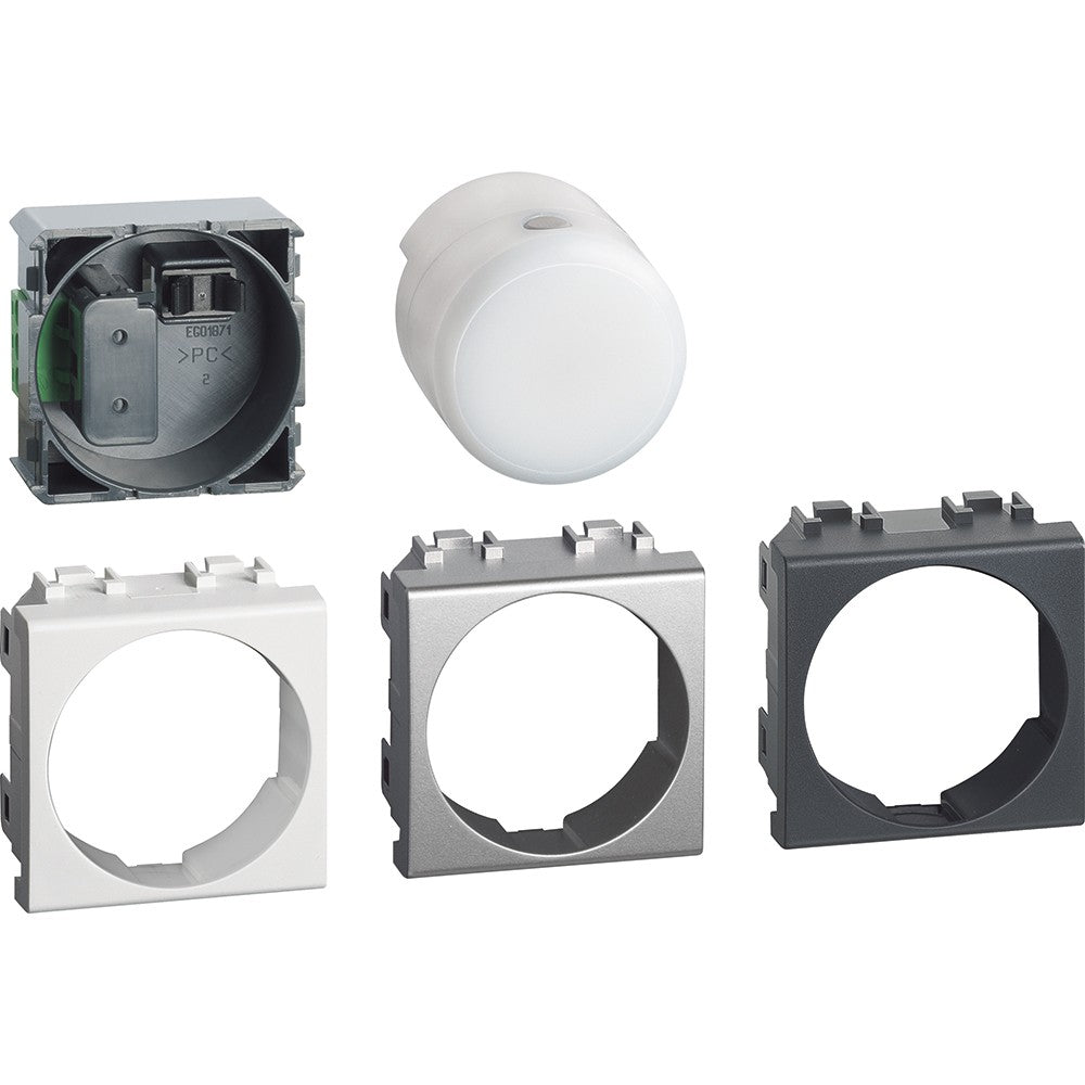 Variety of electrical switch frames and components including a connector and a round cover.