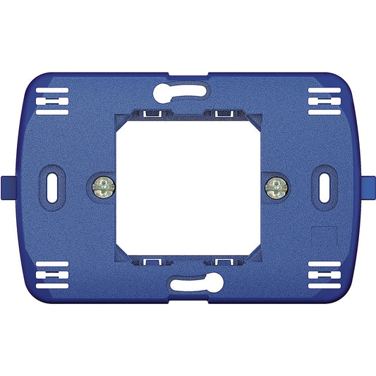 Supporto blu per placche quadre BTicino, fissaggio con graffette, moduli 2, dimensioni 71mm x 115mm.