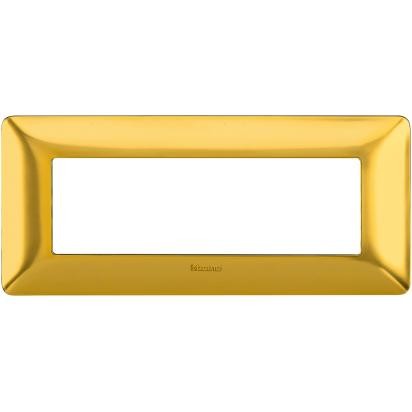 Bticino Matix 6-module cover plate in satin gold, dimensions: 84mm height x 191mm width.