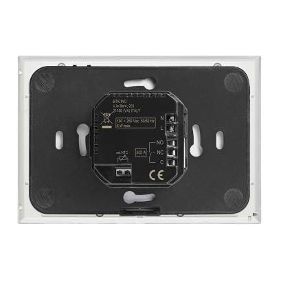 Bticino WiFi Smarther 2 thermostat back view, model XW8002, featuring connectivity options and electrical specifications.