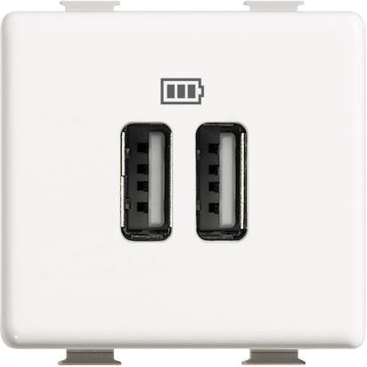 Caricatore USB bianco con 2 prese per ricarica rapida di dispositivi elettronici, compatibile con BTicino Matix.