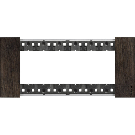BTicino Living Now wooden socket cover with 6 modules in walnut, 86mm height, 192.5mm width.