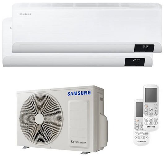 Samsung Dual Split Inverter Air Conditioner 9000BTU, includes outdoor unit and two remotes, energy efficient A+++.