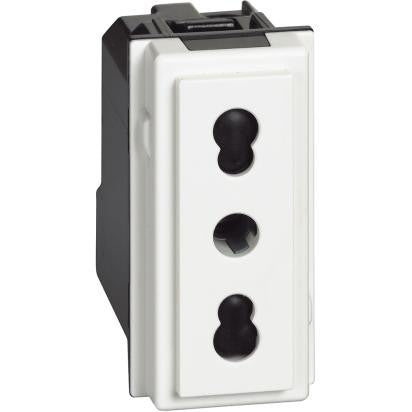 Bticino Living Now Bipasso 2P+T socket 10/16A in white, 250Vac, 1 module with screened outlets.