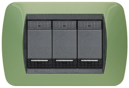 Bticino LivingLight 3-module switch in green drugstore color, dimensions 80mm x 119mm, stylish and functional design.