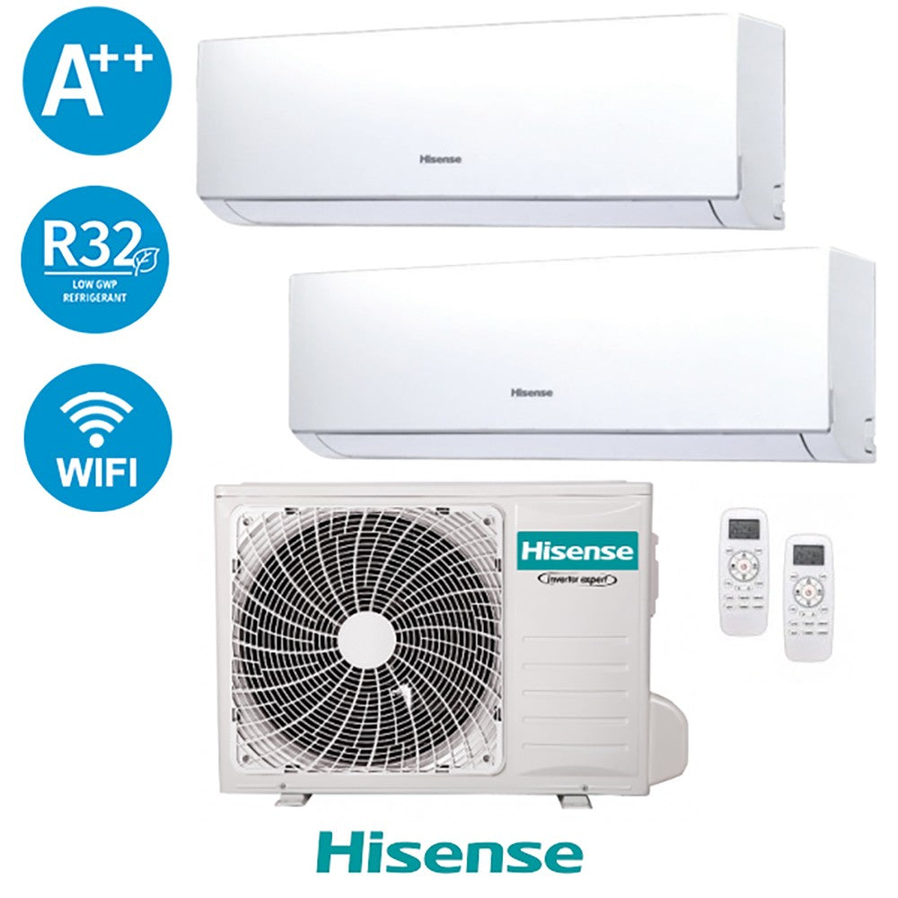 Hisense Dual Inverter 9+12 BTU air conditioner with Wi-Fi and R32 refrigerant, featuring A++ energy efficiency rating.