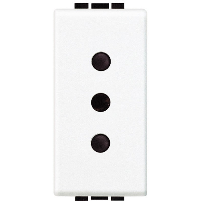 Bticino Livinglight 10A electrical outlet in white with 2P+T configuration and three black sockets.