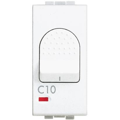 Bticino Livinglight 10A automatic circuit breaker in white, featuring a toggle switch and indicator.