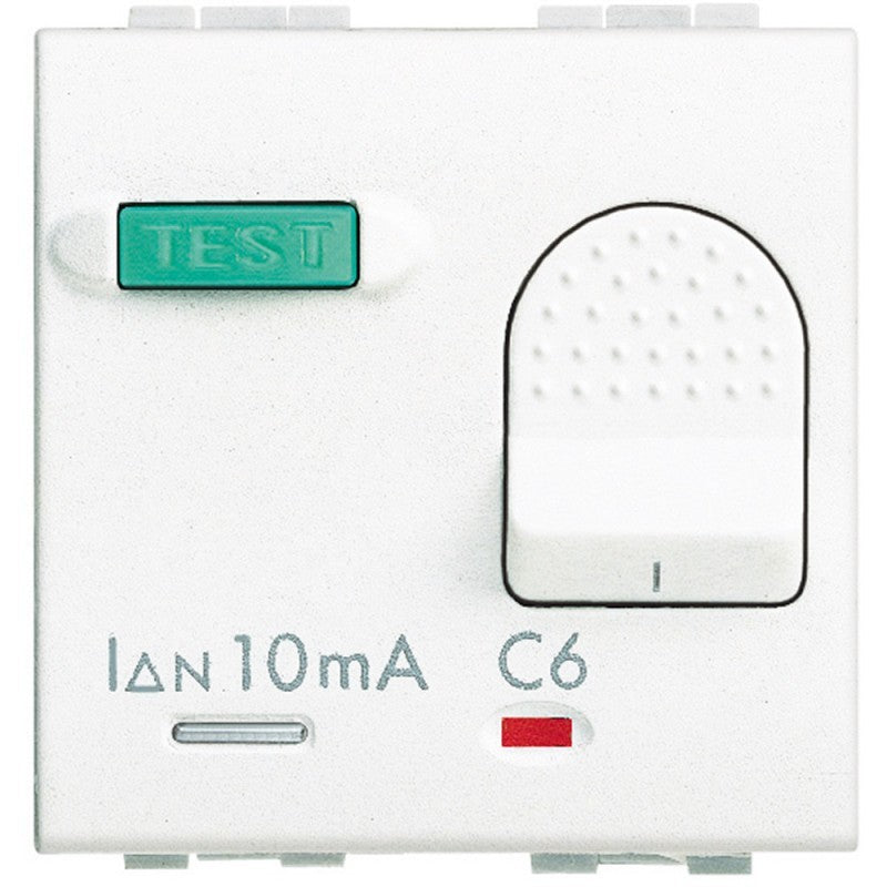 Bticino Livinglight automatic circuit breaker with test button and differential current settings, 16A 230V.