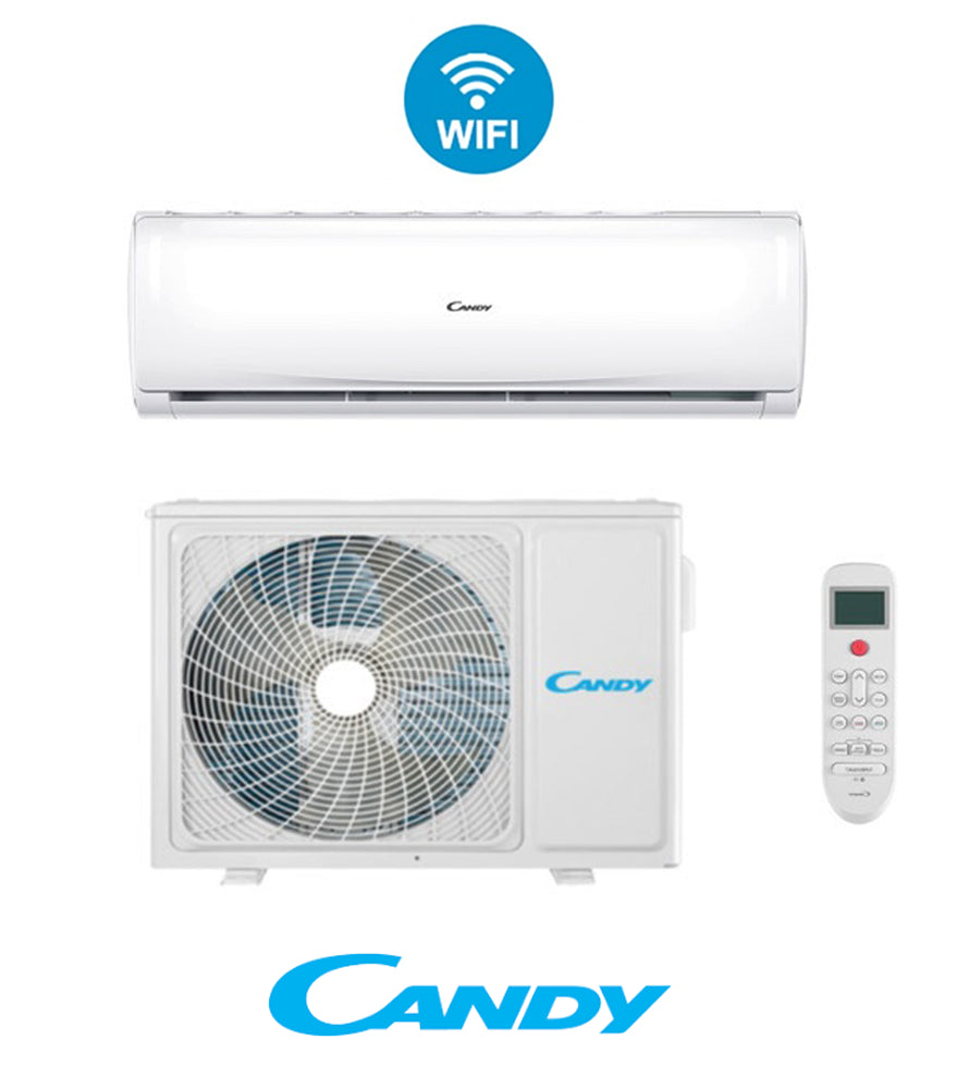 Candy 12000 BTU split air conditioner with remote and Wi-Fi, designed for easy installation and self-cleaning.