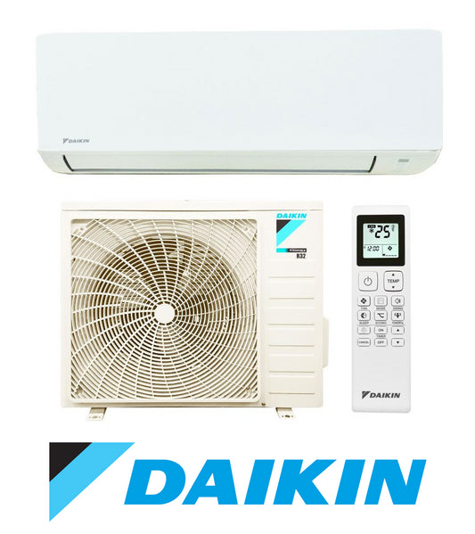Daikin 9000 BTU inverter air conditioner with indoor and outdoor units and remote control.