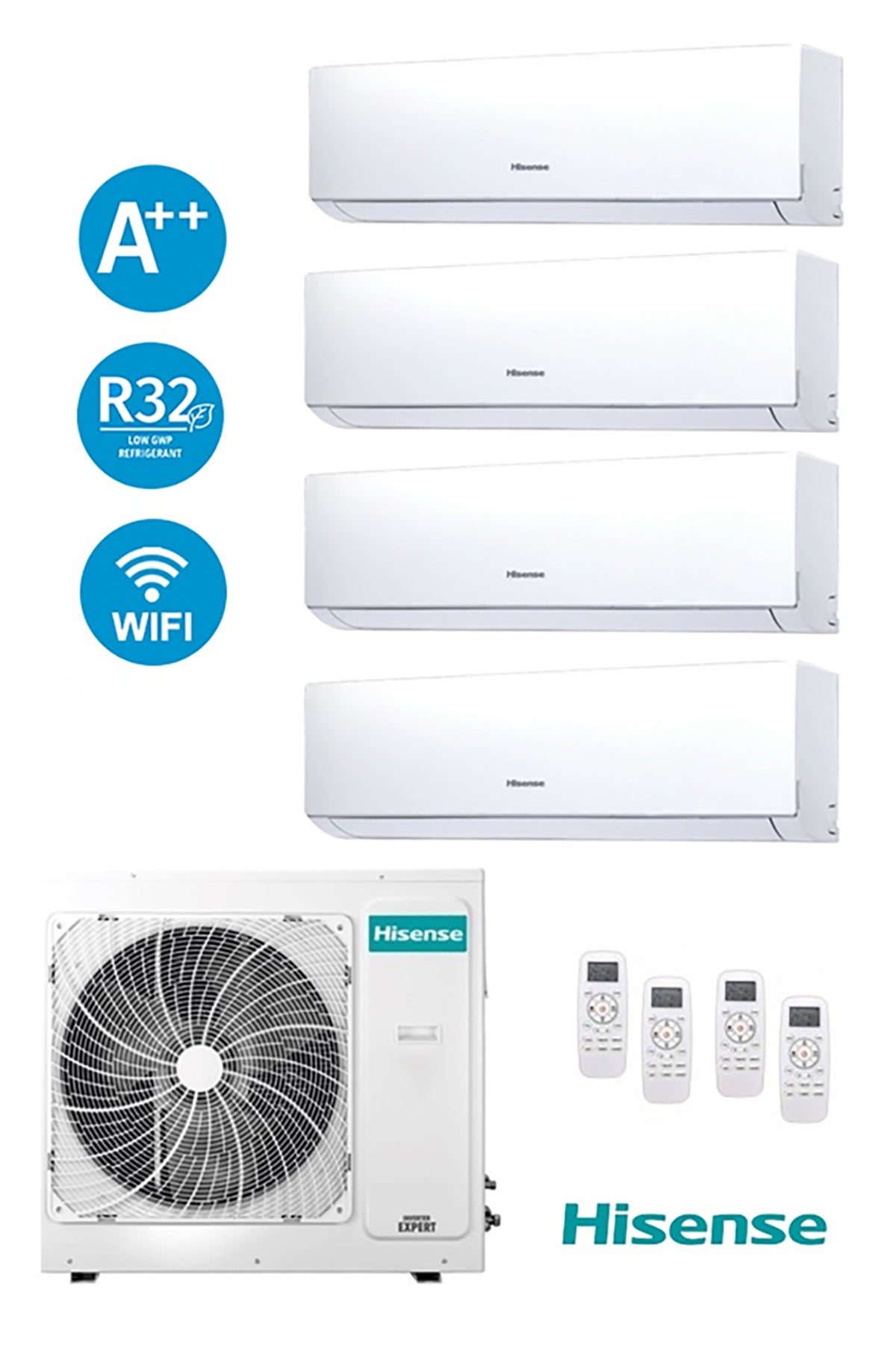 Climatizzatore Hisense Quadri Split Inverter con unità esterna e tre unità interne Wi-Fi e gas R32, Classe A++.