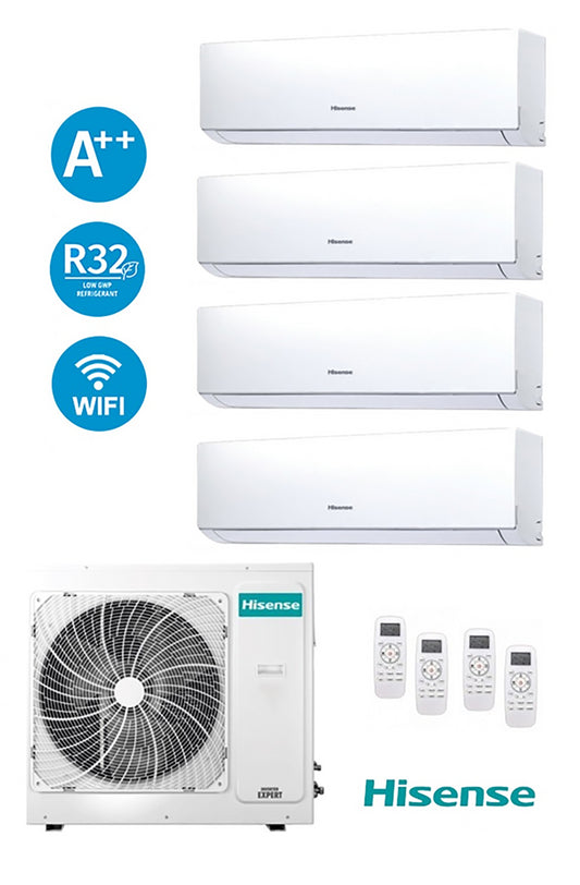 Hisense Quadri Split Inverter air conditioning unit featuring 3 indoor units and 1 outdoor unit with Wi-Fi and A++ energy rating.