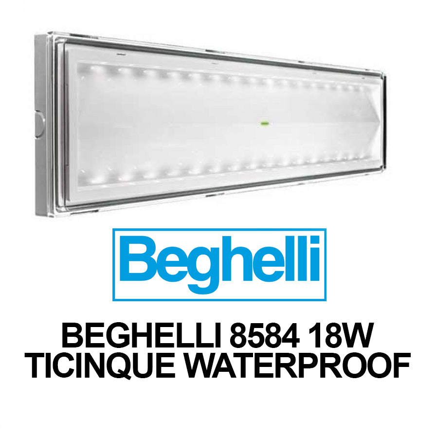 Beghelli 8584 Ticinque 18W LED emergency lamp waterproof with high efficiency lighting for commercial spaces.