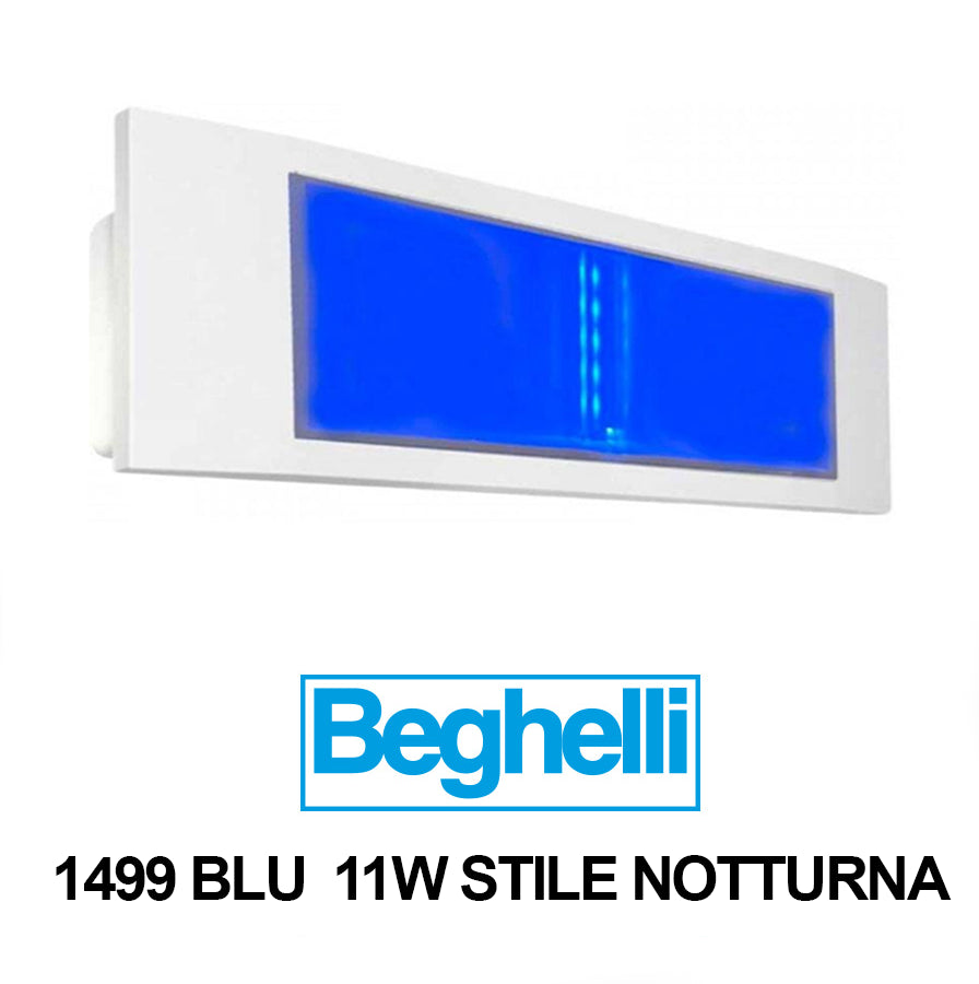 Beghelli 1499BLU emergency lamp with blue LED, 11W, night function, 8-hour autonomy, wall or recessed installation.
