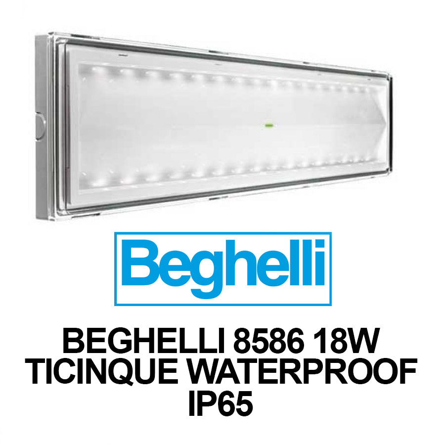 Beghelli BEG8586 18W Ticinque waterproof LED lamp with IP65 rating, ideal for large commercial spaces.