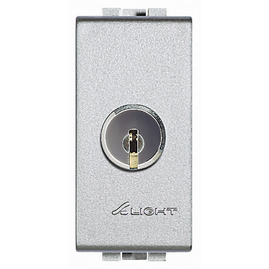 Bticino Livinglight key switch 2P 16A, 250Vac, silver finish, key removable in both ON and OFF positions.