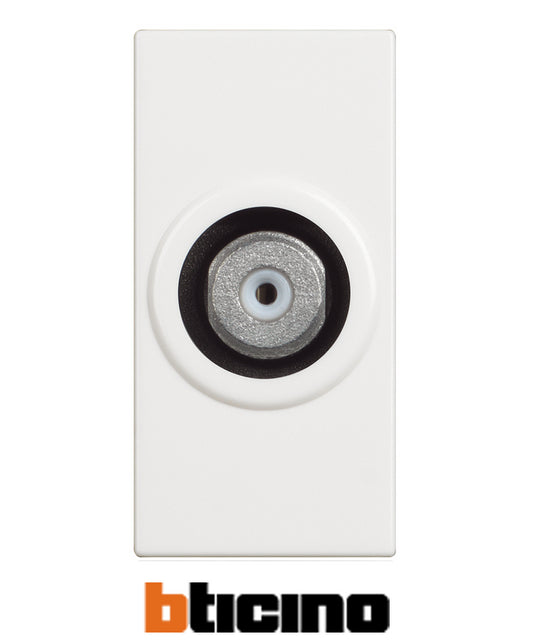 Bticino coaxial TV connector Type F, white color, 1 module with screw attachment, ideal for TV connections.