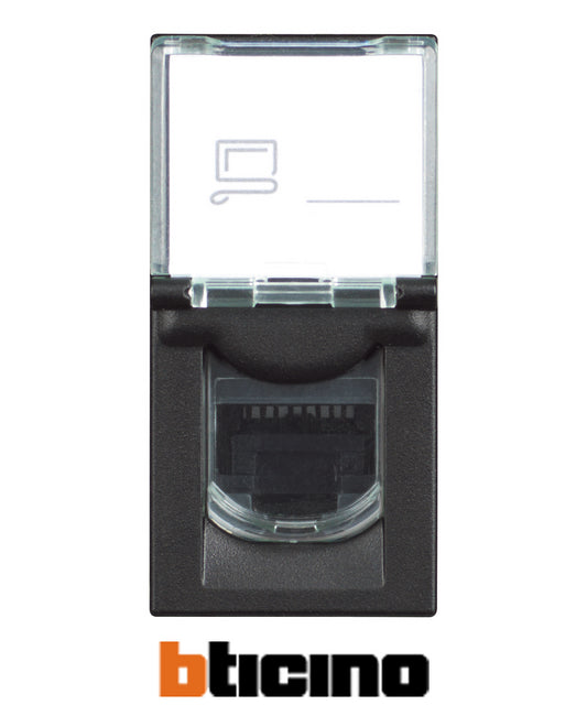 Bticino RJ11 telephone socket in grey color, designed for seamless connectivity and modern aesthetics.