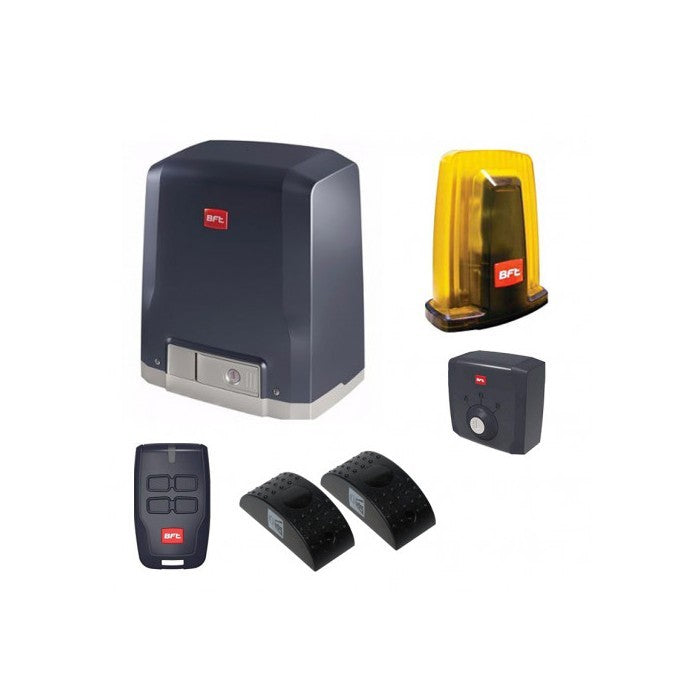 BFT R925264 sliding gate kit featuring motor, remote, safety sensors, and warning light for optimal performance.