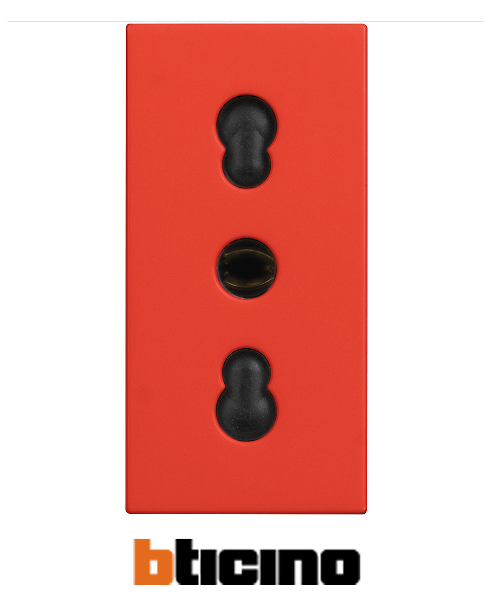 Bticino bipasso 2P+T electrical socket, red color, standard Italy, 10/16A, 250V, designed for efficient power connectivity.