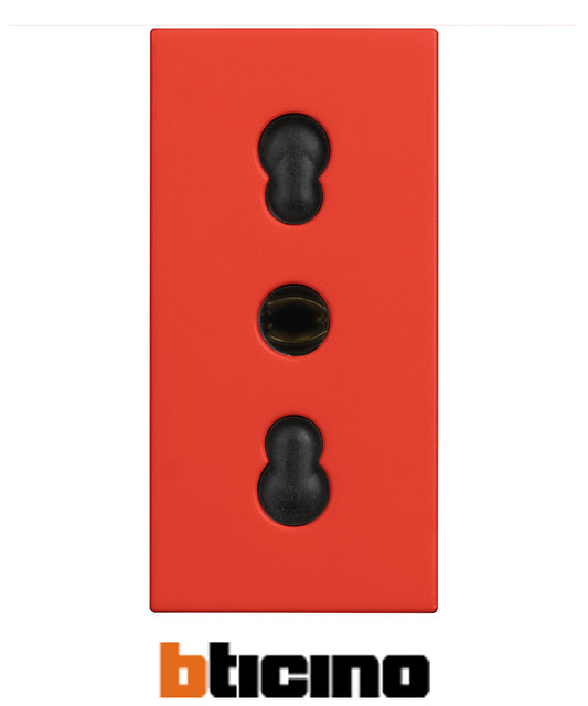 Bticino bipasso 2P+T electrical socket, red color, standard Italy, 10/16A, 250V, designed for efficient power connectivity.