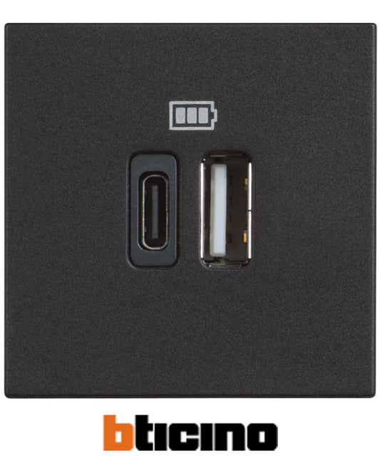 Bticino USB charger Type A and C in grey, dual module with 5V voltage for efficient device charging.