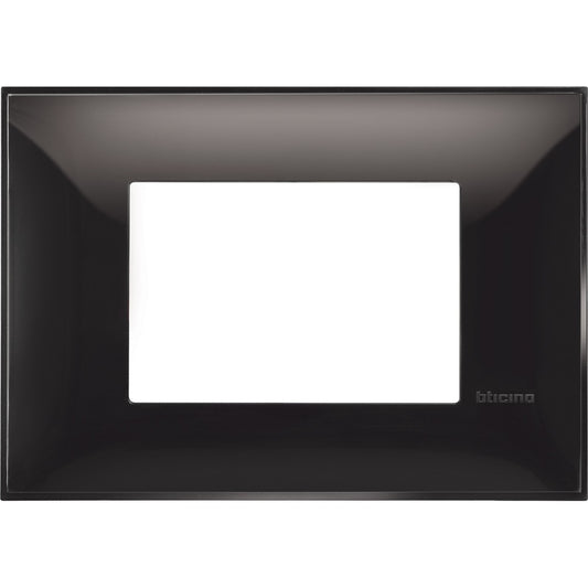 Bticino 3-modules cover plate in black, 86mm height, 122mm width, sleek modern design for electrical installation.
