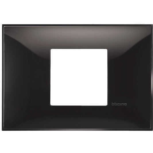 Bticino black 2-module plate X 503, 86mm height, 122mm width, sleek design and modern functionality.