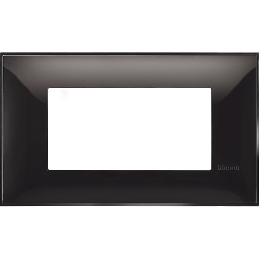 Bticino 4-module plate in black color, dimensions 86mm height and 144.5mm width, sleek design for modern interiors.