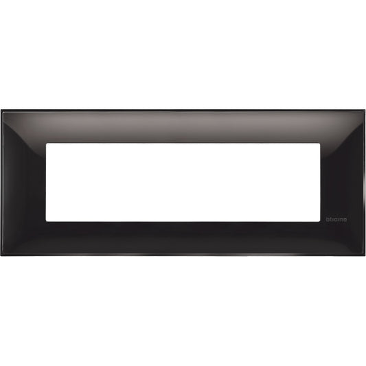 Bticino 7-module wall plate in black, sleek design, dimensions 86 mm height x 212 mm width.