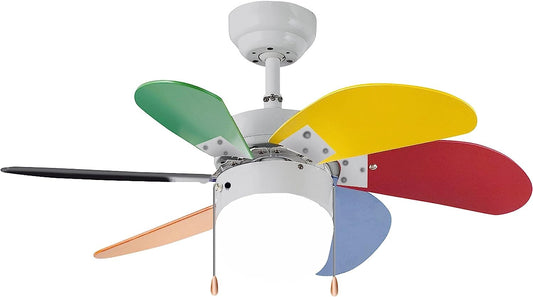 Ventilatore da soffitto Vinco con pale multicolori, 3 velocità, moderno, lampada inclusa, design elegante.