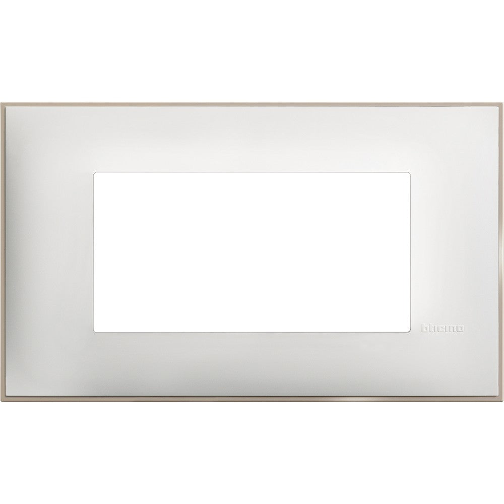 Bticino 4-module frame in satin white, dimensions 86mm x 144.5mm, elegant design for modern interiors.