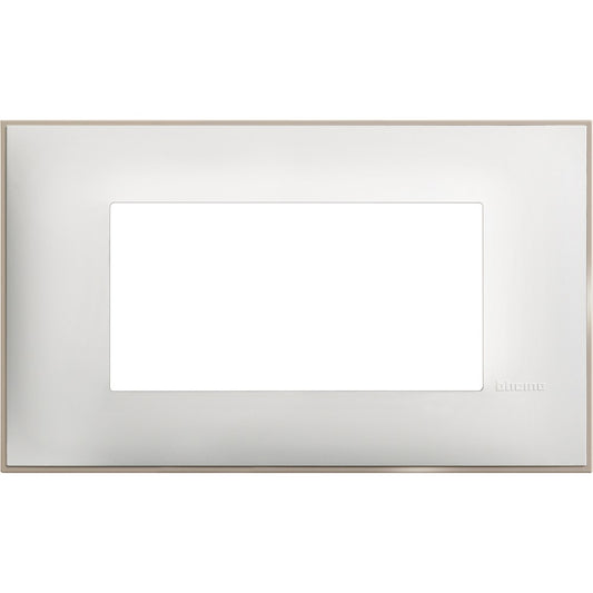 Bticino 4-module frame in satin white, dimensions 86mm x 144.5mm, elegant design for modern interiors.