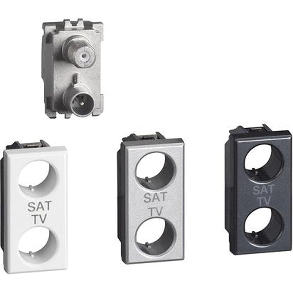 Presa coassiale demiscelata BTicino Axolute per impianti antenna TV e SAT con custodie nere, bianche e grigie.
