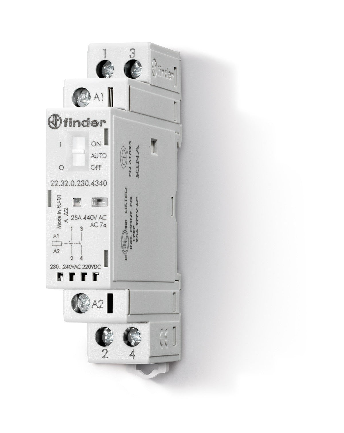 Contattore Finder 25A 2NO 24VAC/DC, 1 modulo con morsetti a vite e LED, per montaggio su barra 35mm.