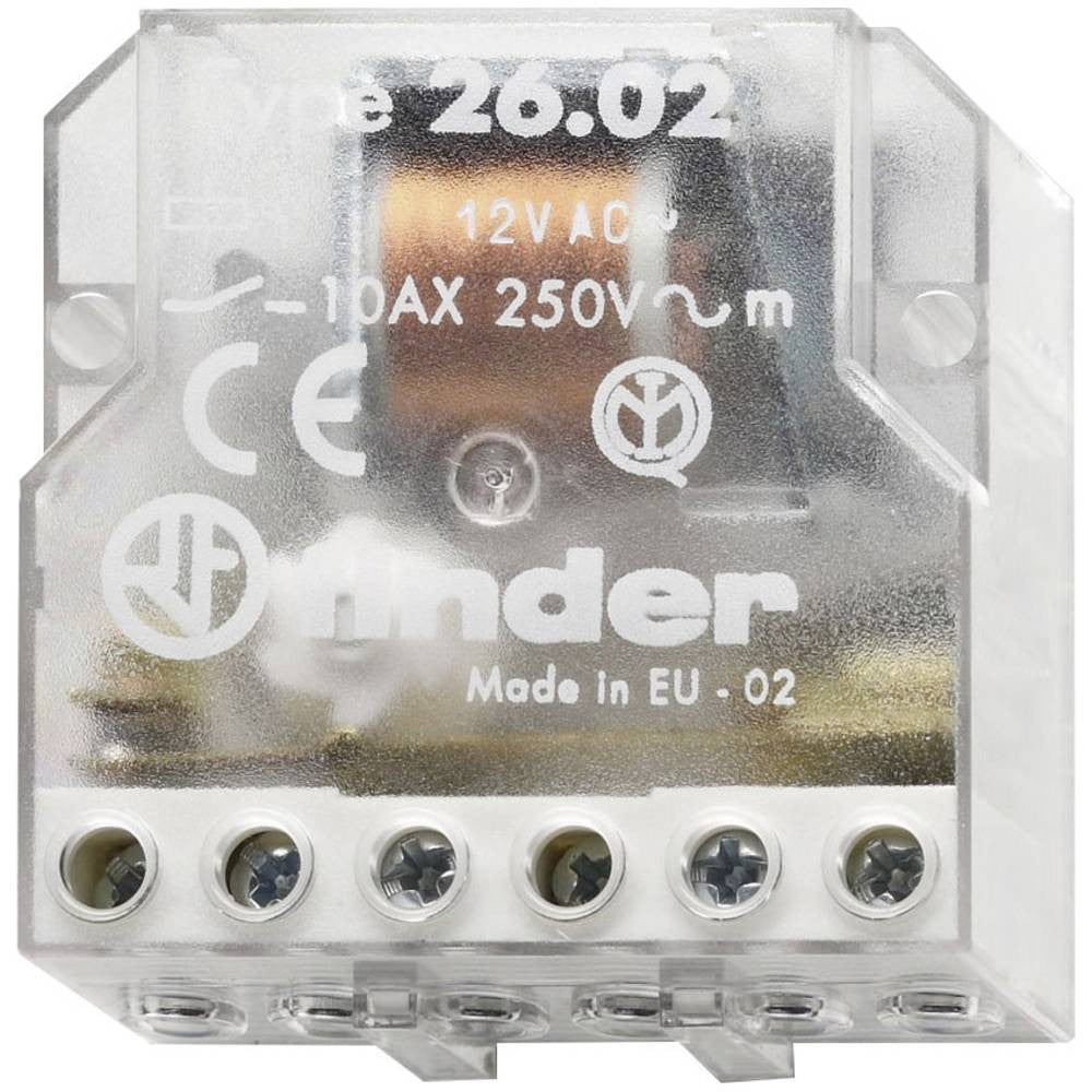 Finder 26.02 relay, 12V AC, 10AX, transparent design with screw terminals, and CE certification.
