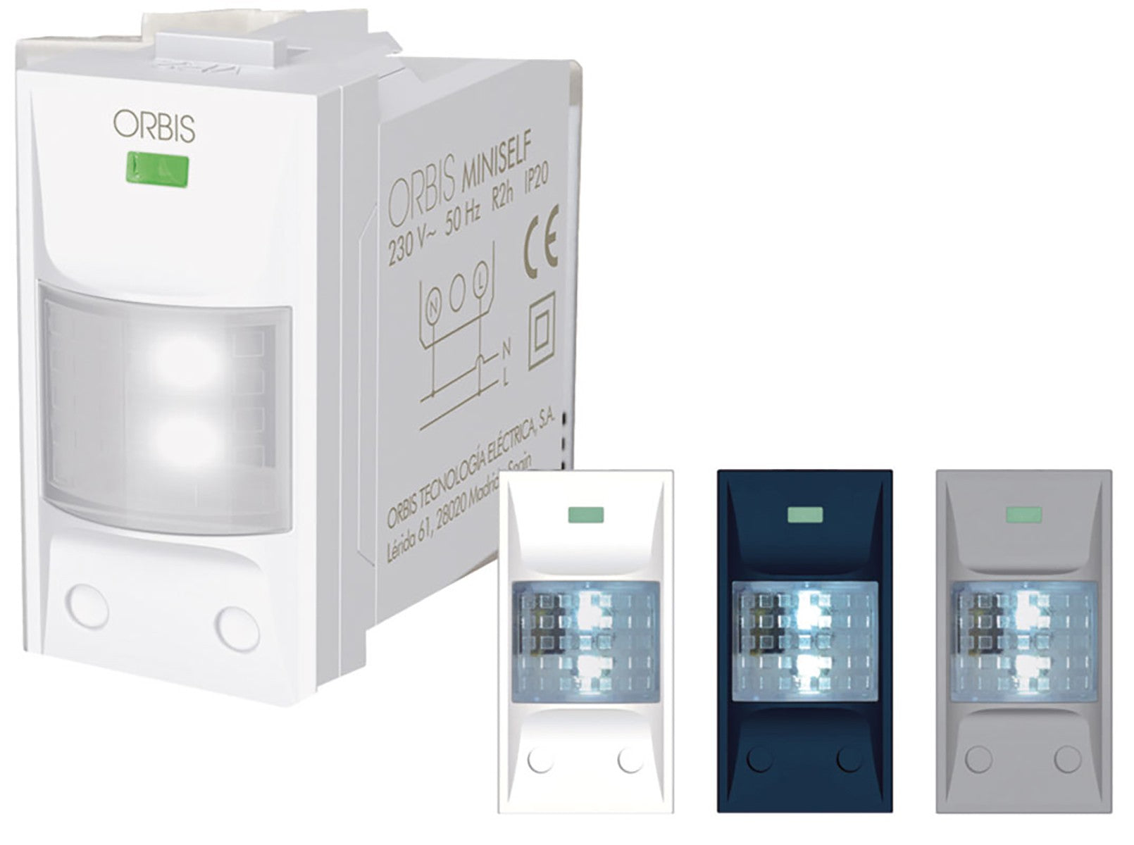 Orbis MINISELF LED emergency lamp with interchangeable covers in white, anthracite, and aluminum.