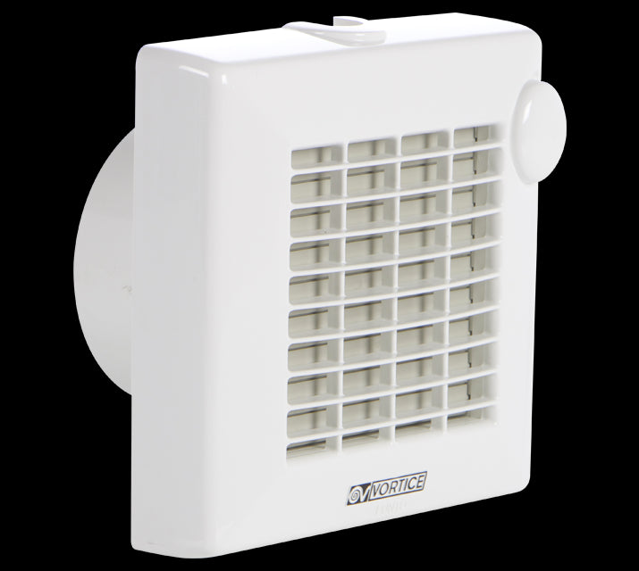 Vortice M 100/4" automatic wall-mounted air extractor fan with front grille opening system.