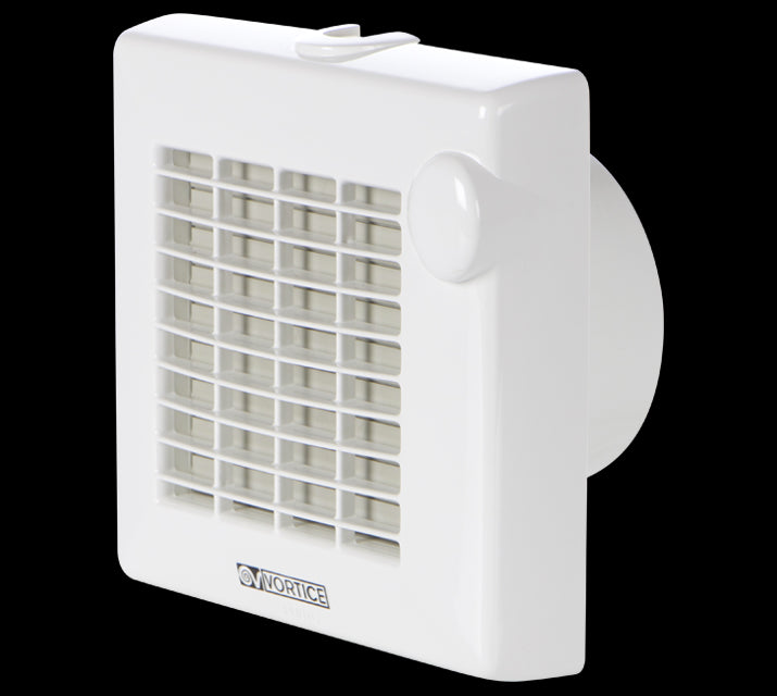 Vortice 100mm automatic wall-mounted air and odor extractor fan with UV-resistant plastic construction.