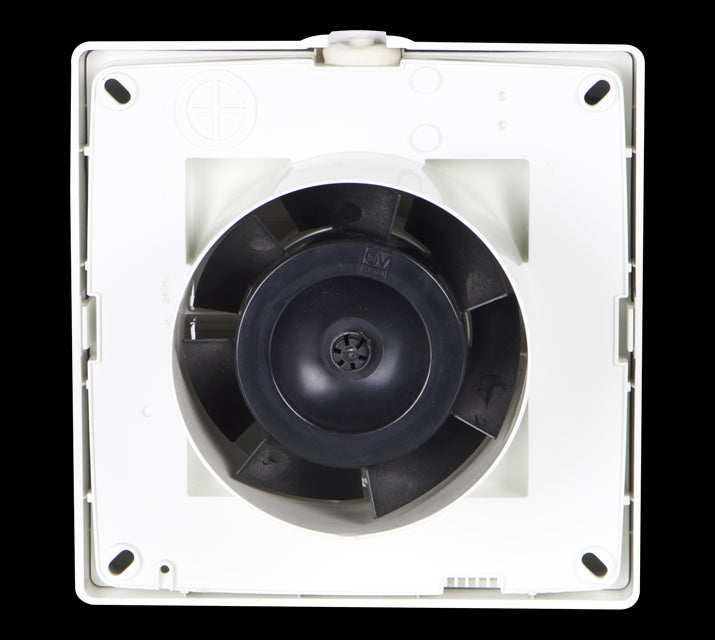 Vortice M 100/4" automatic wall air extractor fan with a black spiral impeller and white plastic casing.