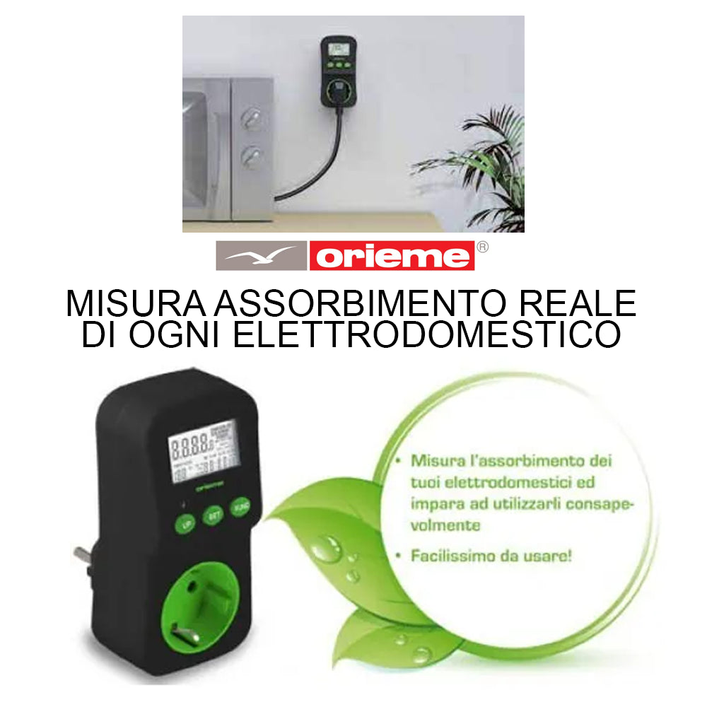 Misuratore assorbimento energia Orieme, misura consumo elettrodomestici e aiuta a ridurre spreco energetico.