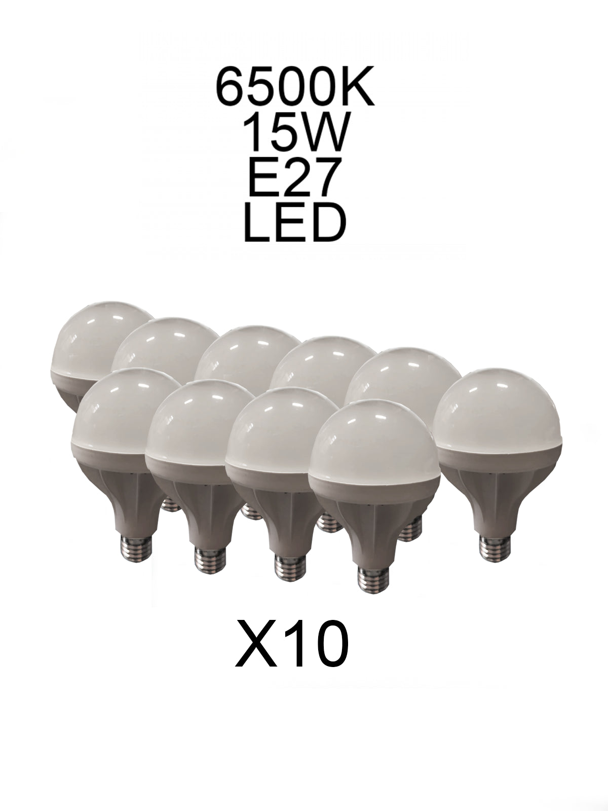 Set of 10 LED bulbs 15W 6500K E27, energy-saving, high efficiency, long lasting design.