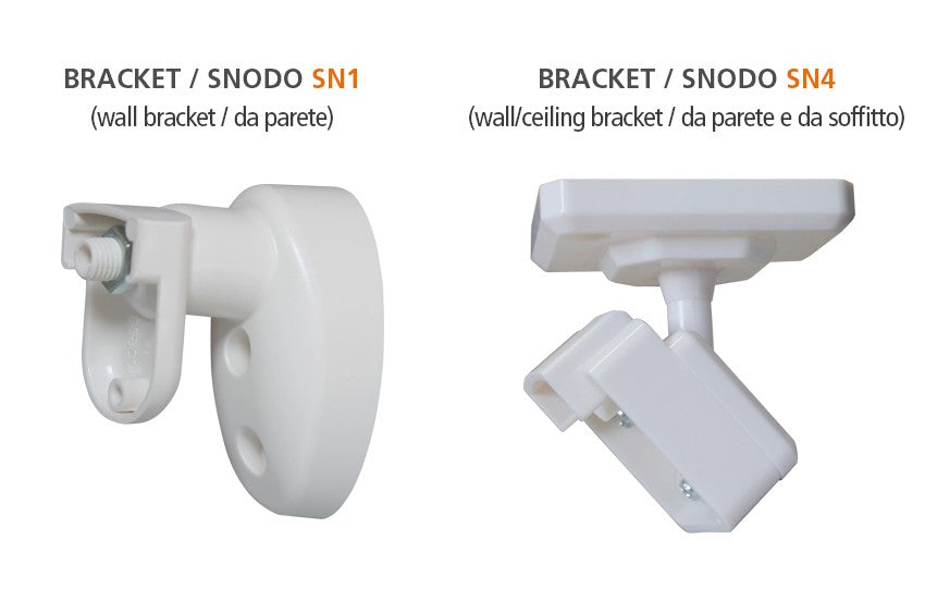 Wall brackets SN1 and SN4 for mounting, designed for secure installation on walls and ceilings.