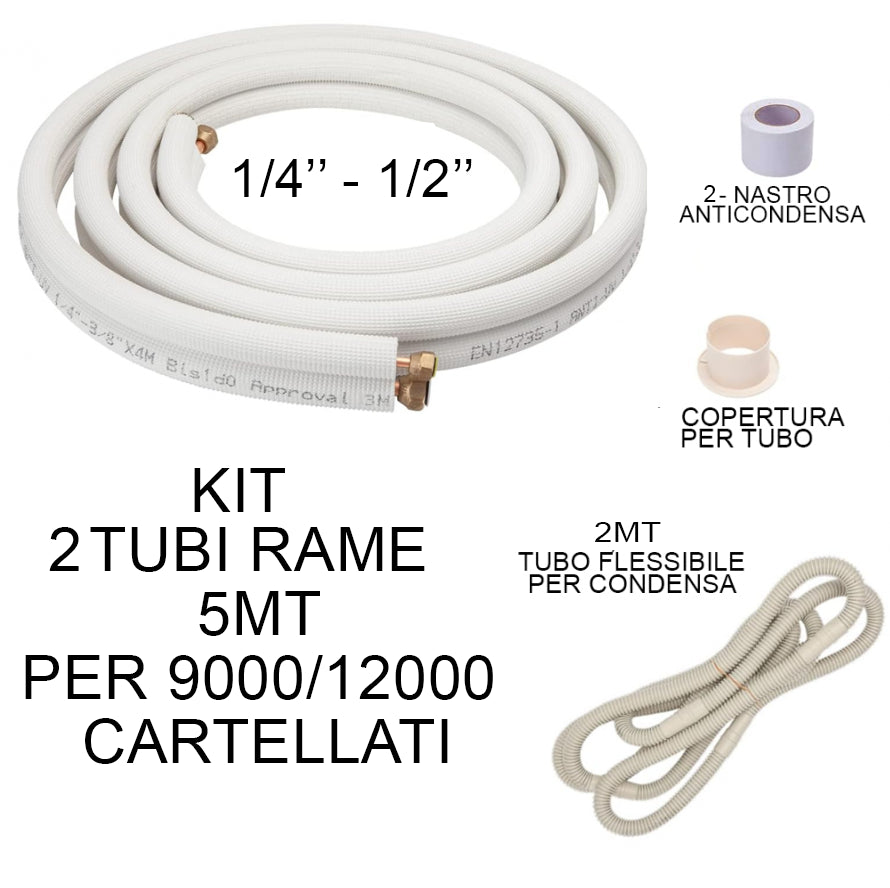 Kit tubi rame 5 mt per climatizzatori 9000/12000 con raccordi, nastro anticondensa e tubo flessibile per condensa.